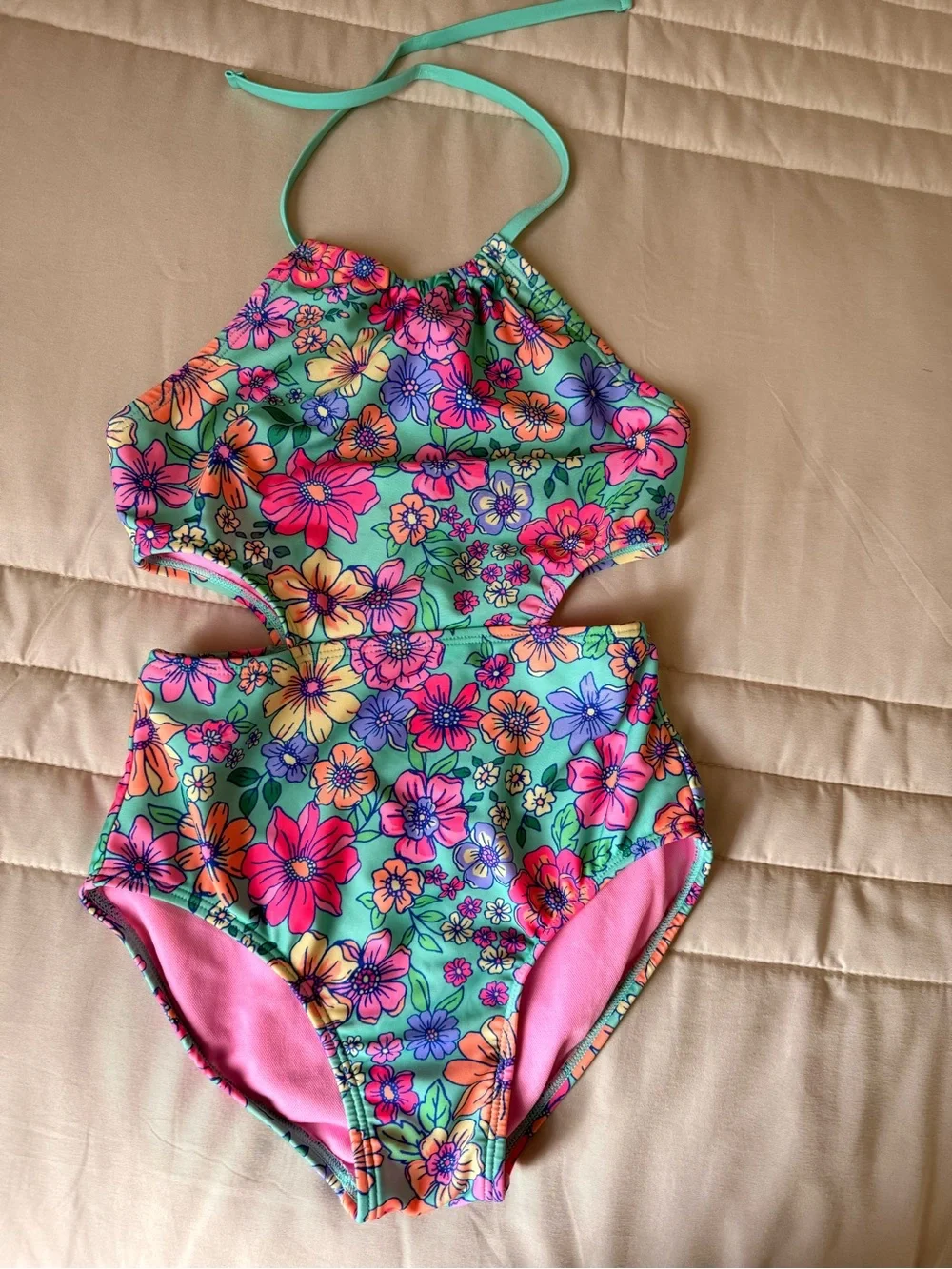 Cat & Jack Green Floral Cutout One-Piece Swimsuit with Pink Accents